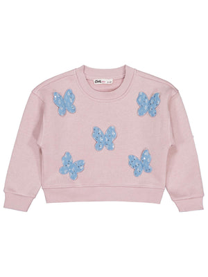 Civil Kız Çocuk Kelebek Aksesuarlı Sweatshirt | 3 İp Uzun Kol | Okul Kreş ve Günlük Kullanım - Pembe