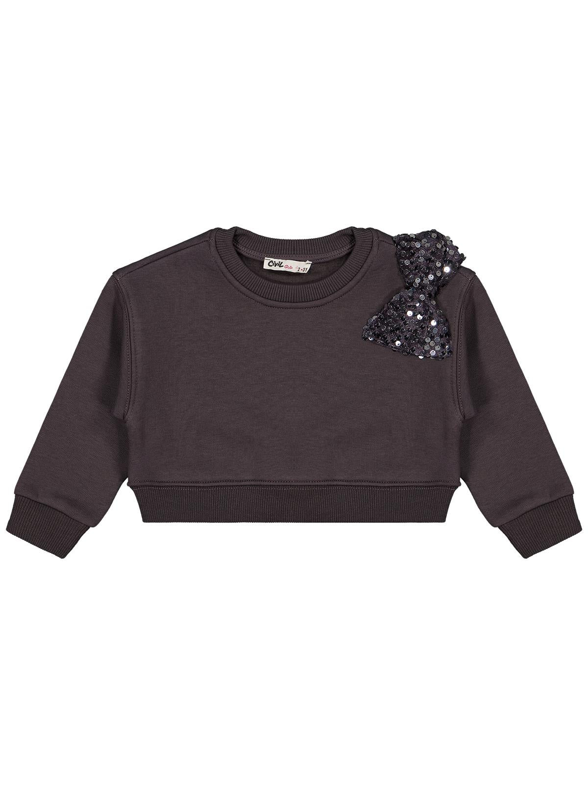 Civil Kız Çocuk Pullu Fiyonklu Sweatshirt | 3 İp Uzun Kol | Okul Kreş ve Günlük Kullanım - Gri
