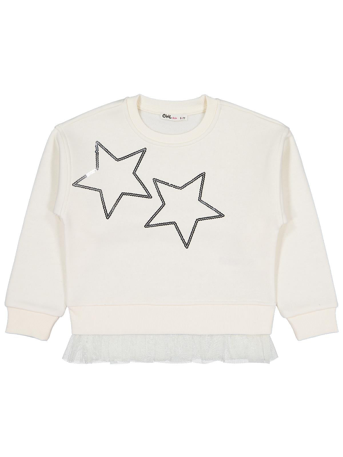 Civil Kız Çocuk Yıldız Baskılı Sweatshirt | 3 İp Uzun Kol | Okul Kreş ve Günlük Kullanım - Ekru