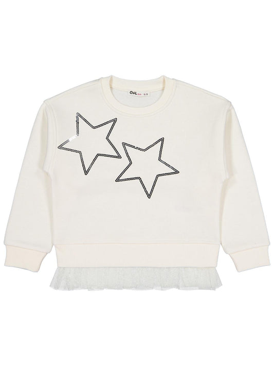 Civil Kız Çocuk Yıldız Baskılı Sweatshirt | 3 İp Uzun Kol | Okul Kreş ve Günlük Kullanım - Ekru