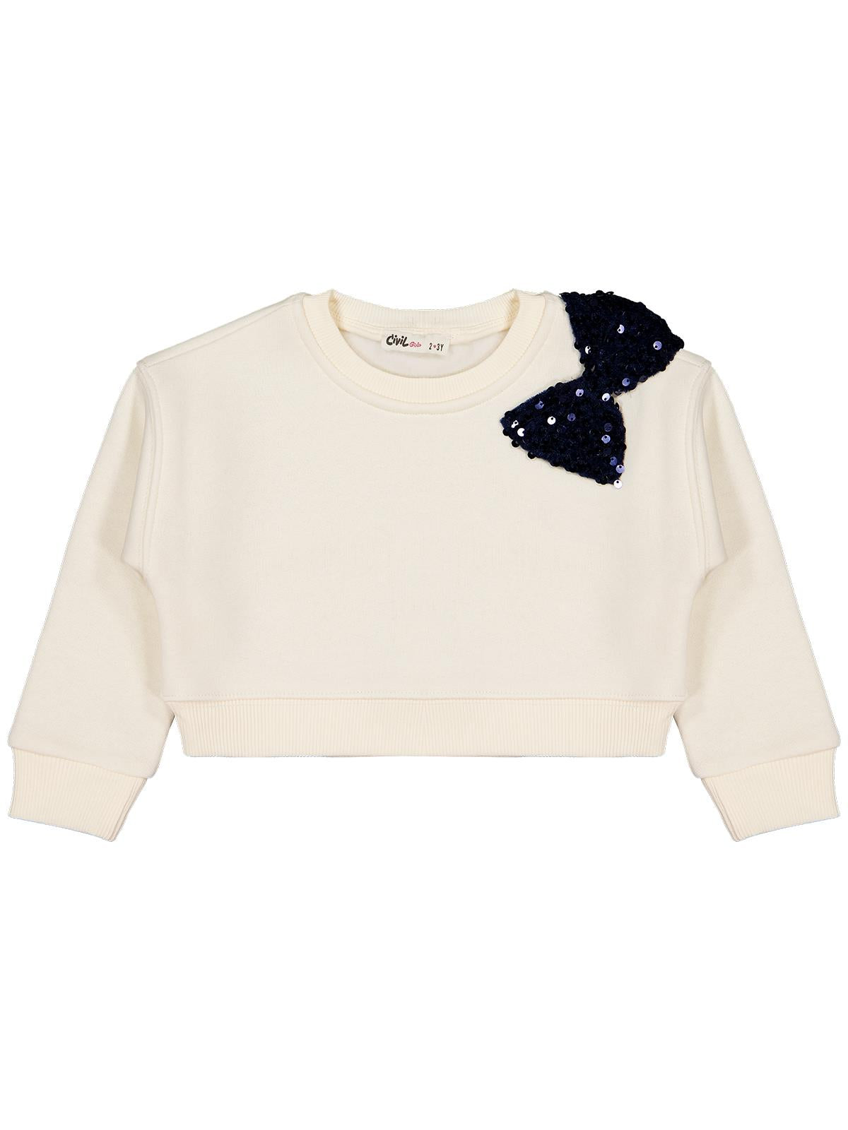 Civil Kız Çocuk Pullu Fiyonklu Sweatshirt | 3 İp Uzun Kol | Okul Kreş ve Günlük Kullanım - Ekru