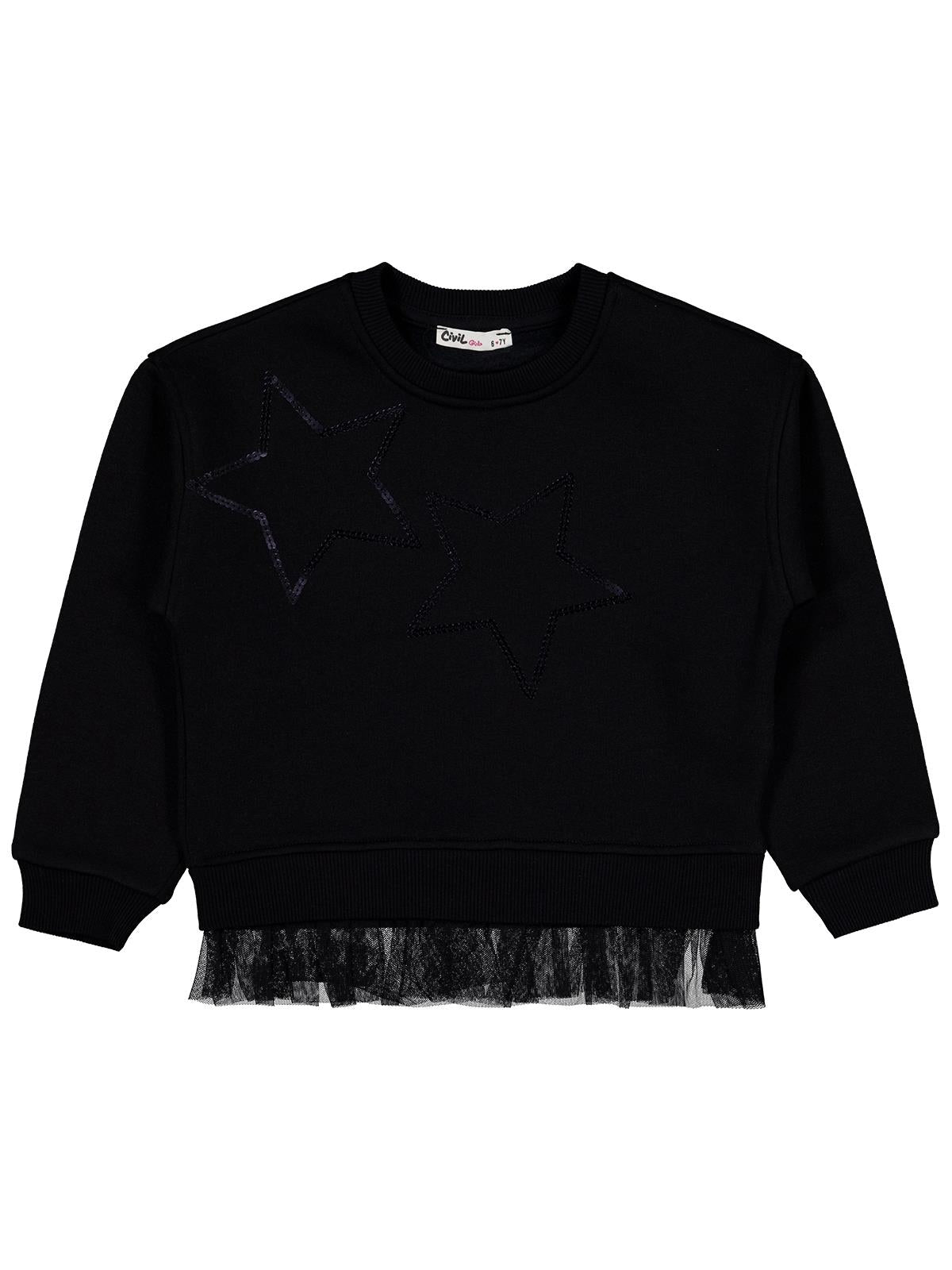 Civil Kız Çocuk Yıldız Baskılı Sweatshirt | 3 İp Uzun Kol | Okul Kreş ve Günlük Kullanım - Siyah