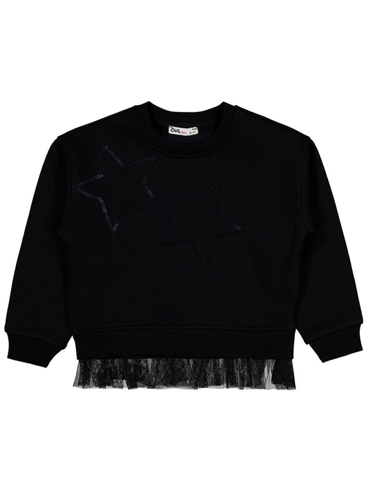 Civil Kız Çocuk Yıldız Baskılı Sweatshirt | 3 İp Uzun Kol | Okul Kreş ve Günlük Kullanım - Siyah