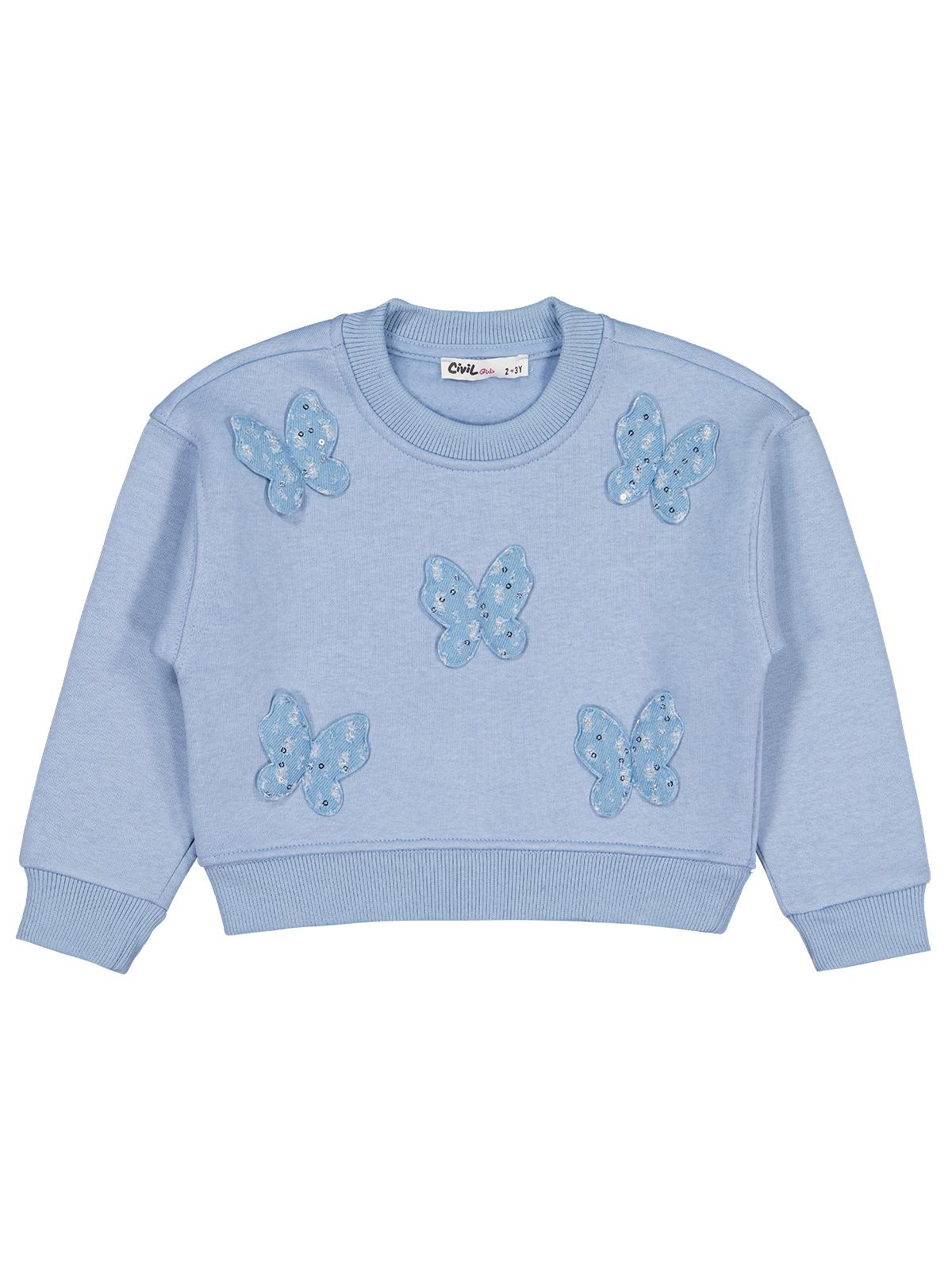 Civil Kız Çocuk Kelebek Aksesuarlı Sweatshirt | 3 İp Uzun Kol | Okul Kreş ve Günlük Kullanım - Mavi