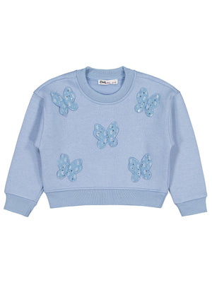 Civil Kız Çocuk Kelebek Aksesuarlı Sweatshirt | 3 İp Uzun Kol | Okul Kreş ve Günlük Kullanım - Mavi