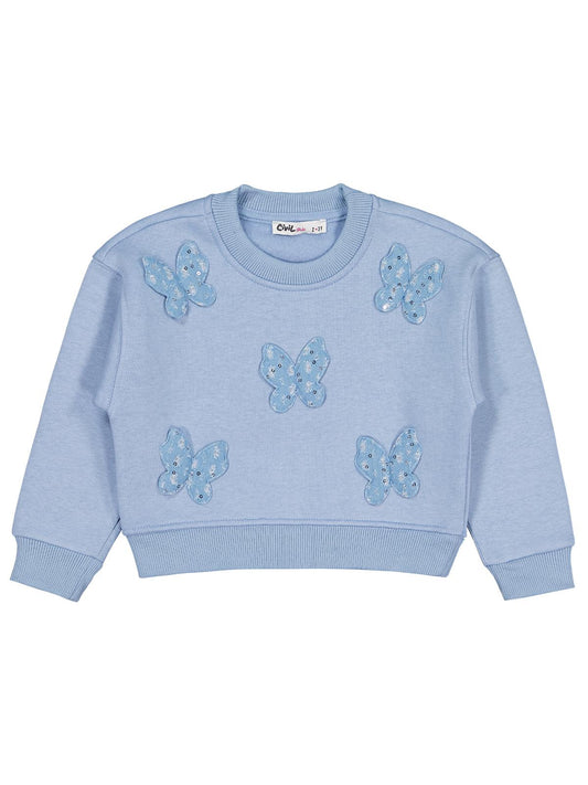 Civil Kız Çocuk Kelebek Aksesuarlı Sweatshirt | 3 İp Uzun Kol | Okul Kreş ve Günlük Kullanım - Mavi