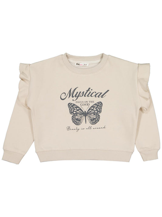 Civil Girls Kız Çocuk Kelebek Baskılı Sweatshirt | 3 İp Uzun Kol | Okul Kreş ve Günlük Kullanım - Bej
