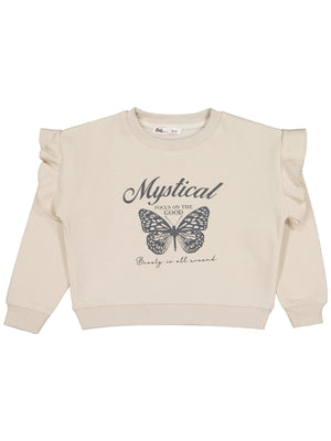 Civil Kız Çocuk Kelebek Baskılı Sweatshirt | 3 İp Uzun Kol | Okul Kreş ve Günlük Kullanım - Bej