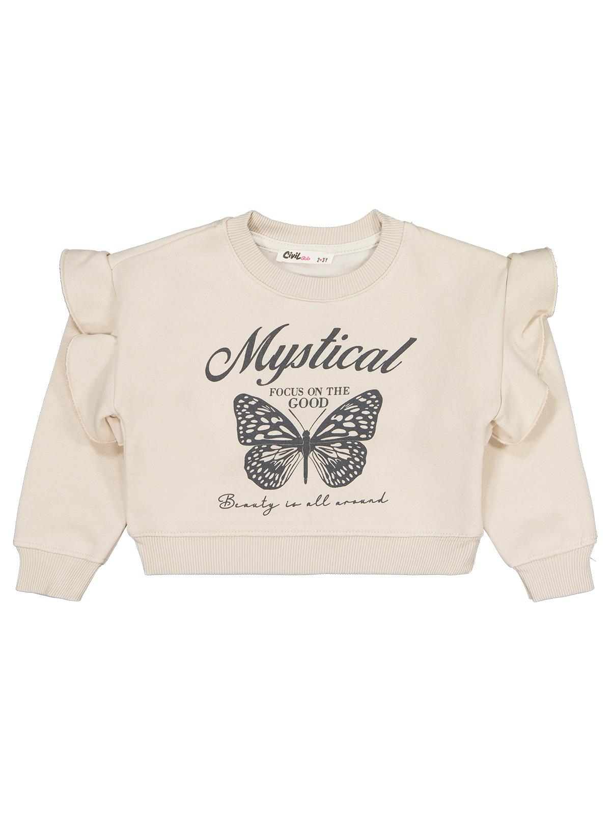 Civil Kız Çocuk Kelebek Baskılı Sweatshirt | 3 İp Uzun Kol | Okul Kreş ve Günlük Kullanım - Bej