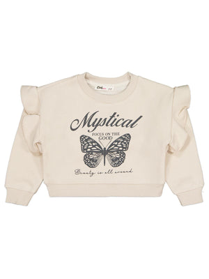 Civil Kız Çocuk Kelebek Baskılı Sweatshirt | 3 İp Uzun Kol | Okul Kreş ve Günlük Kullanım - Bej