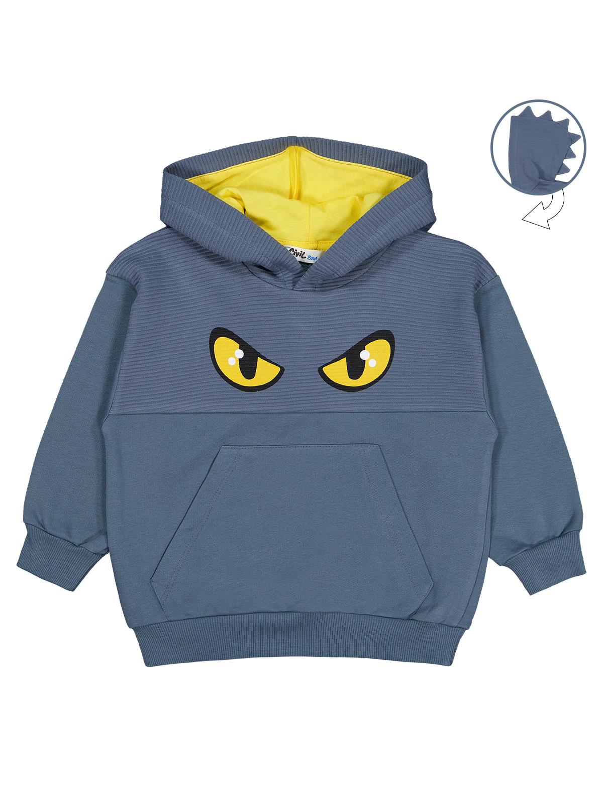 Civil Erkek Çocuk Göz Baskılı Kapşonlu Sweatshirt | 2 İp Uzun Kol | Okul Kreş ve Günlük Kullanım - Gri