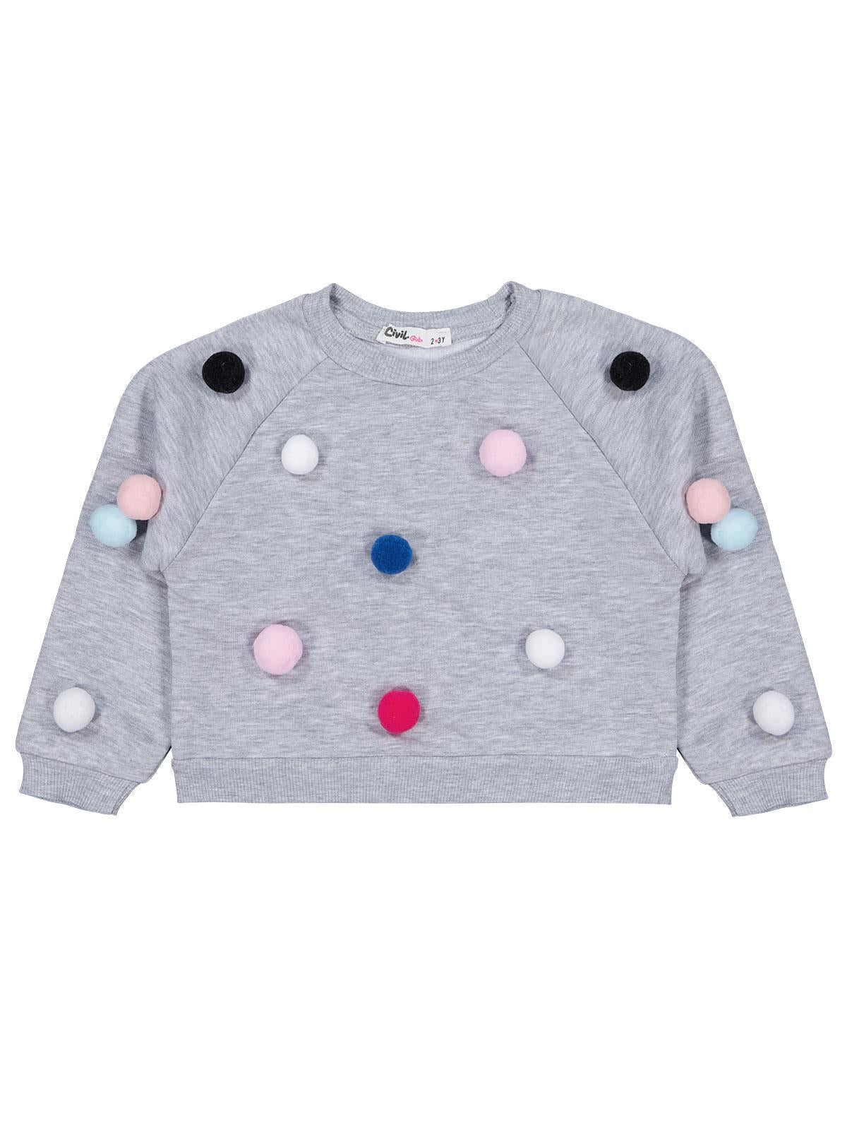 Civil Kız Çocuk Ponpon Aksesuarlı Sweatshirt | 3 İp Uzun Kol | Okul Kreş ve Günlük Kullanım - Gri