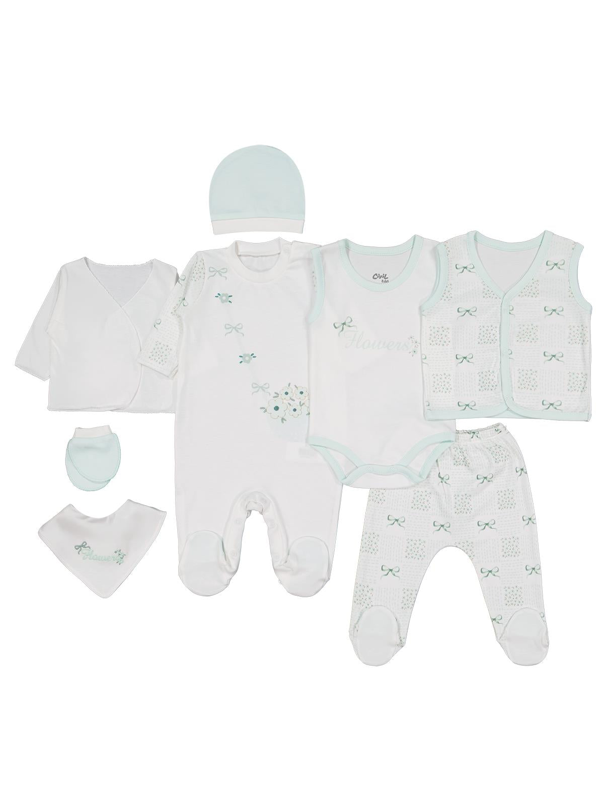 Civil Baby Çiçek Baskılı 8 li 0-1 Ay Zıbın Setleri - Yeşil
