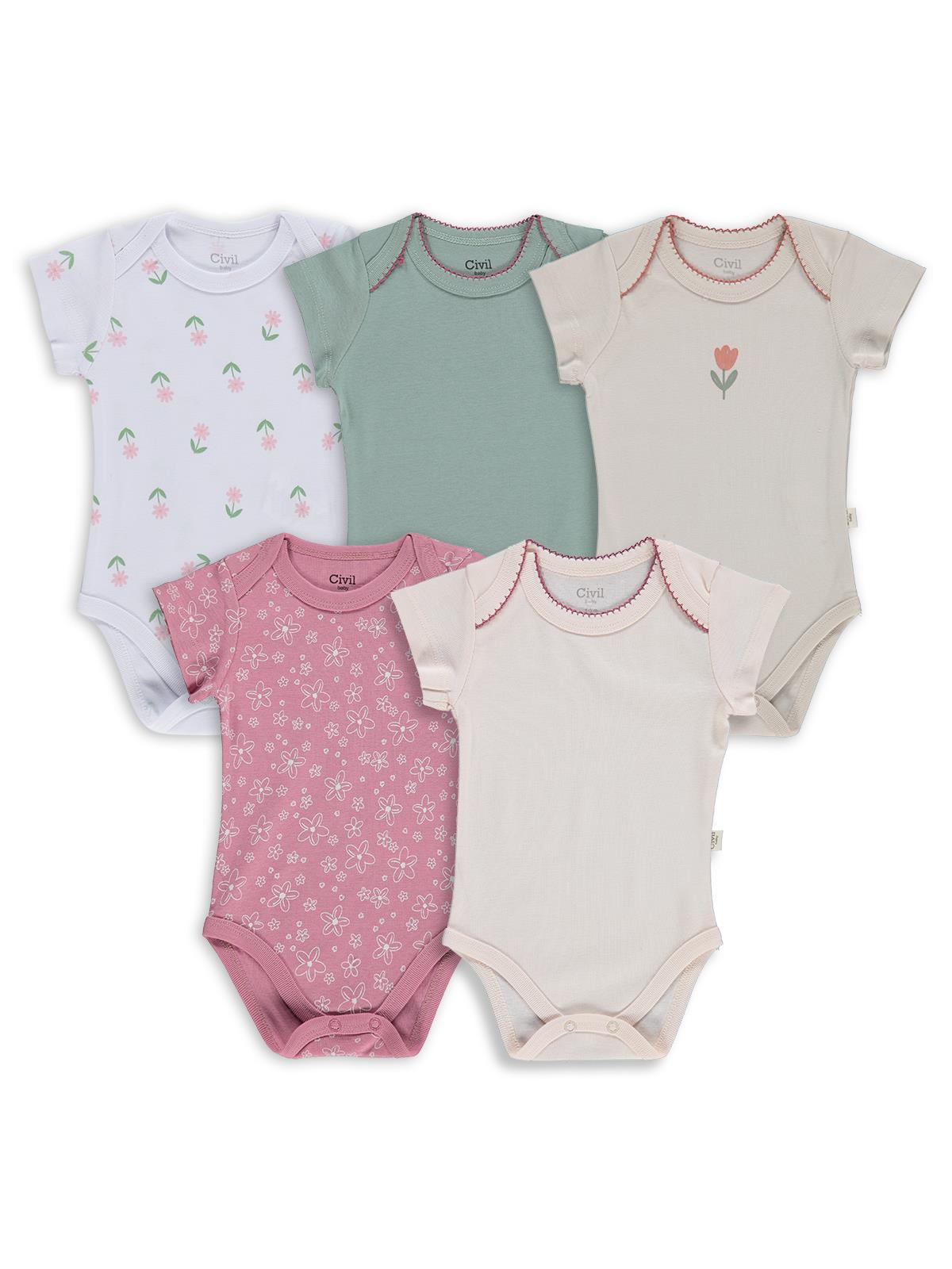 Civil Baby Çiçek Empirmeli 5 Li 0-36 Ay Çıtçıtlı Badi - Pembe