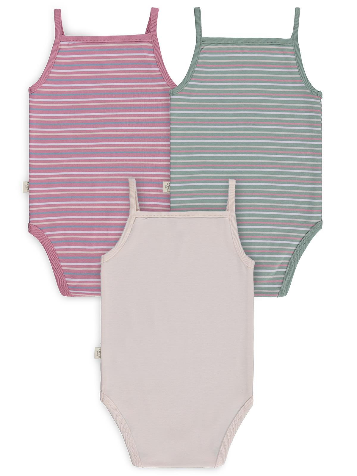 Civil Baby Çizgili İp Askılı 3 Lü 0-36 Ay Çıtçıtlı Badi - Pembe