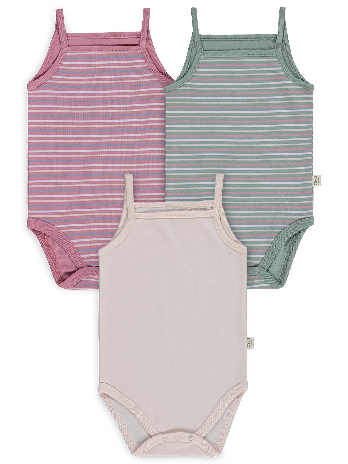 Civil Baby Çizgili İp Askılı 3 Lü 0-36 Ay Çıtçıtlı Badi - Pembe