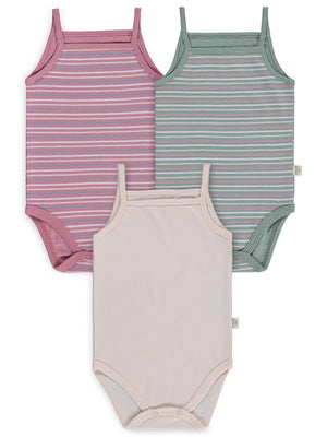 Civil Baby 3 lü Çizgili İp Askılı 0-36 Ay Çıtçıtlı Badi - Pembe
