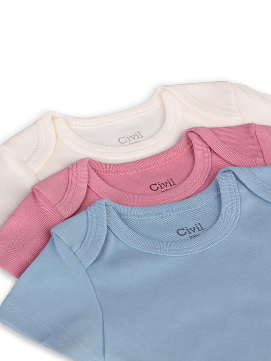 Civil Baby 3 lü Basıc Kısa Kol 0-36 Ay Çıtçıtlı Badi - Pudra