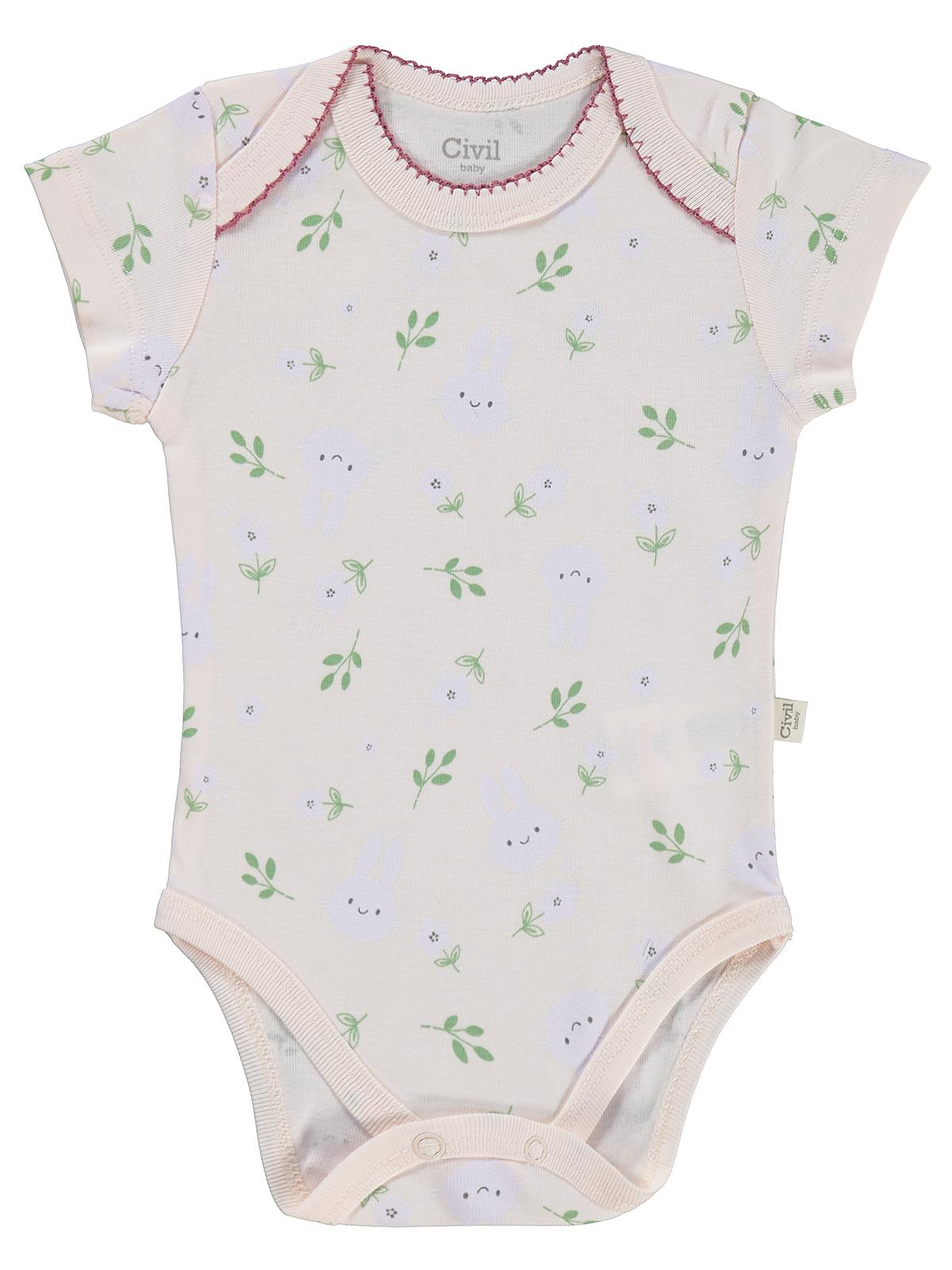 Civil Baby 3 lü Tavşan Empirmeli Kısa Kol 0-36 Ay Çıtçıtlı Badi - Pudra