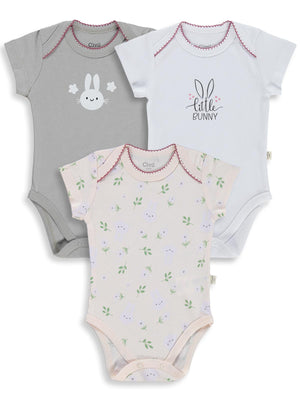 Civil Baby 3 lü Tavşan Empirmeli Kısa Kol 0-36 Ay Çıtçıtlı Badi - Pudra