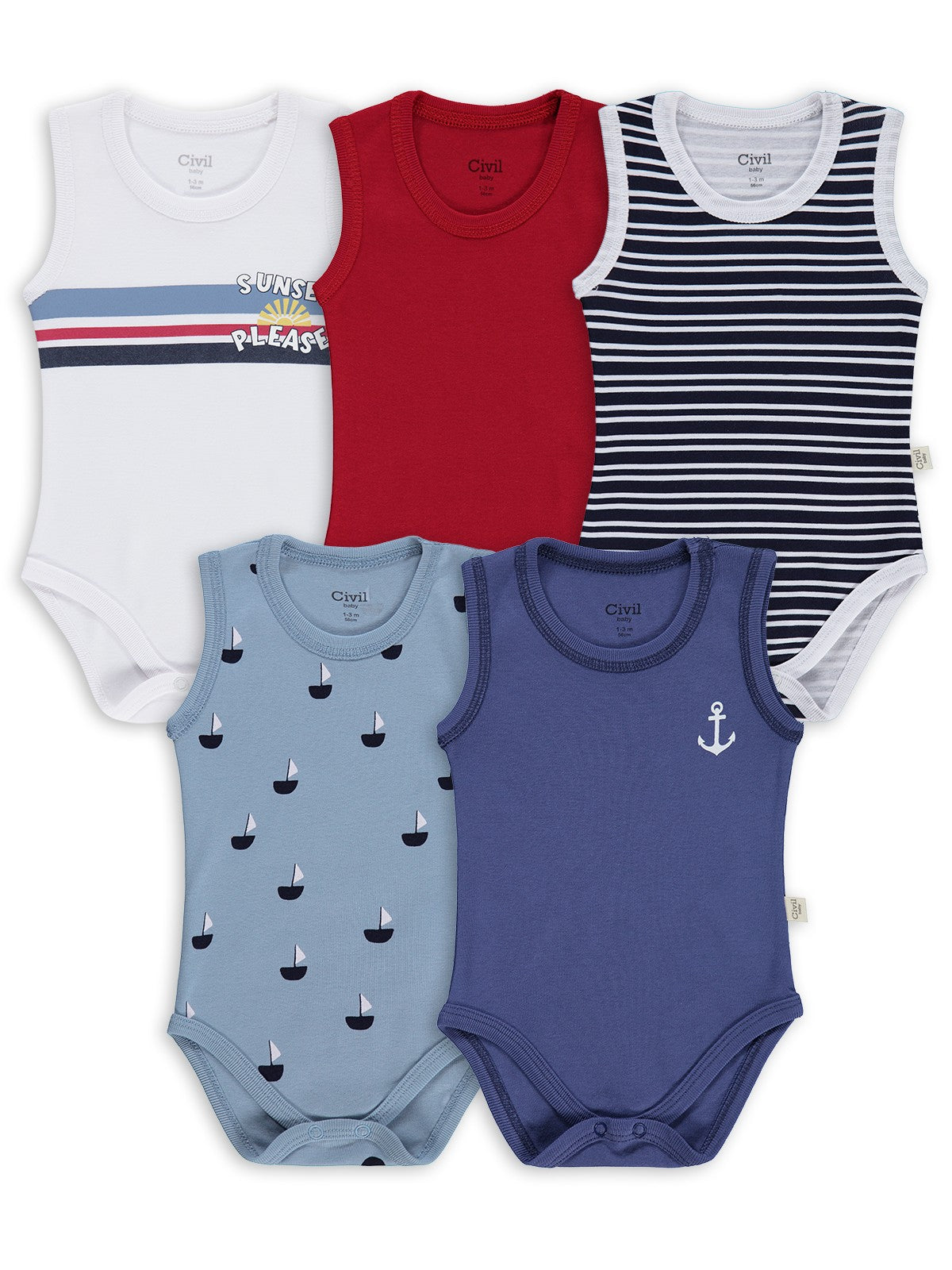 Civil Baby Yelken Empirmeli 5 Li 0-36 Ay Çıtçıtlı Badi - Mavi