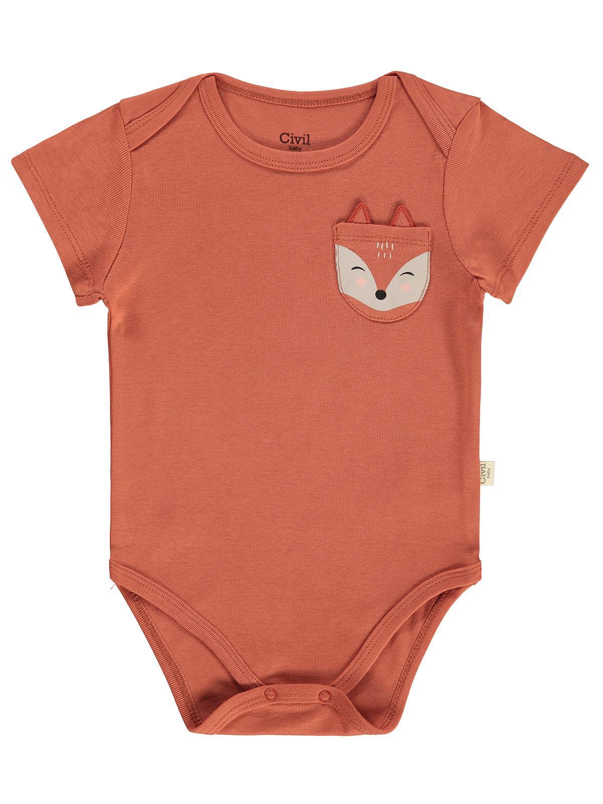 Civil Baby 3 lü Cep Tilki Hayvan Baskılı Kısa Kol 0-36 Ay Çıtçıtlı Badi - Turuncu