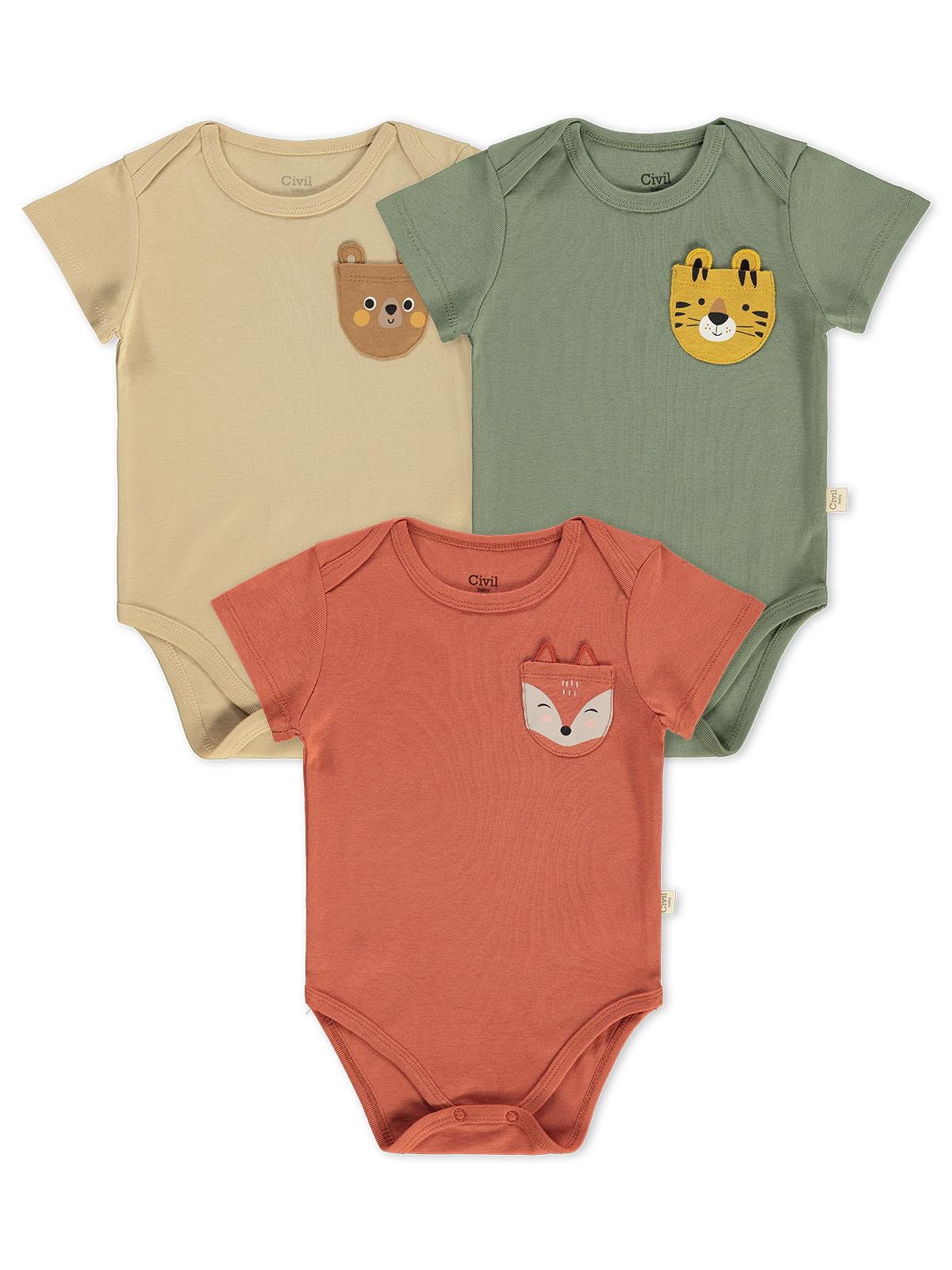 Civil Baby 3 lü Cep Tilki Hayvan Baskılı Kısa Kol 0-36 Ay Çıtçıtlı Badi - Turuncu