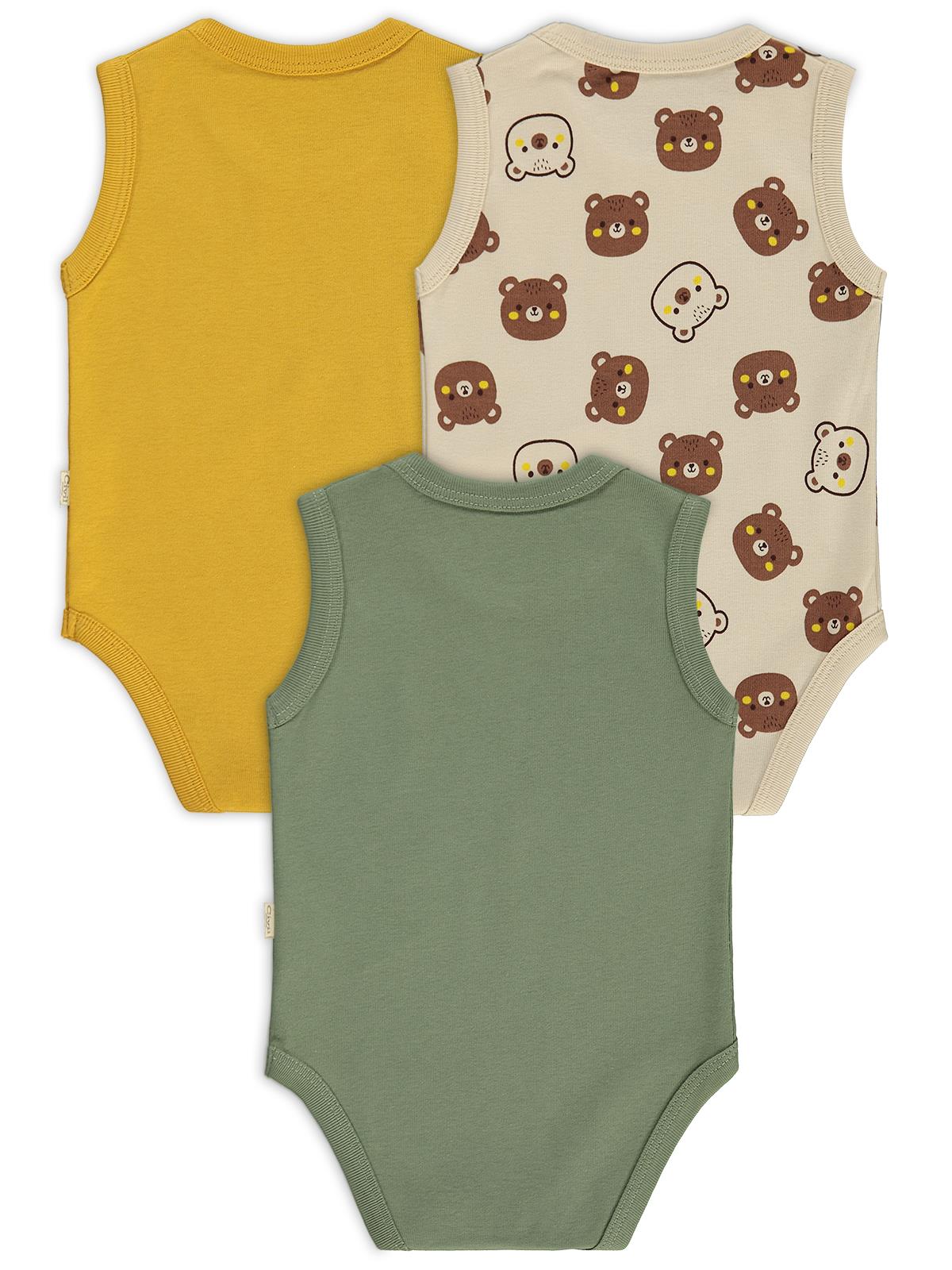 Civil Baby 3 lü Ayıcık Empirmeli Sıfır Kol 0-36 Ay Çıtçıtlı Badi - Bej