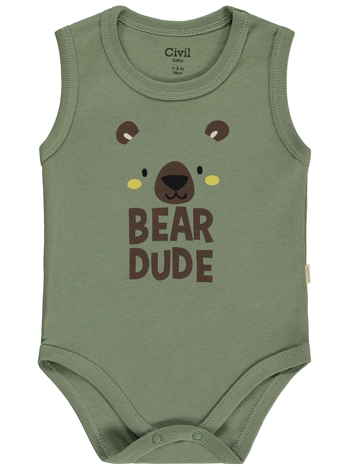 Civil Baby 3 lü Ayıcık Empirmeli Sıfır Kol 0-36 Ay Çıtçıtlı Badi - Bej