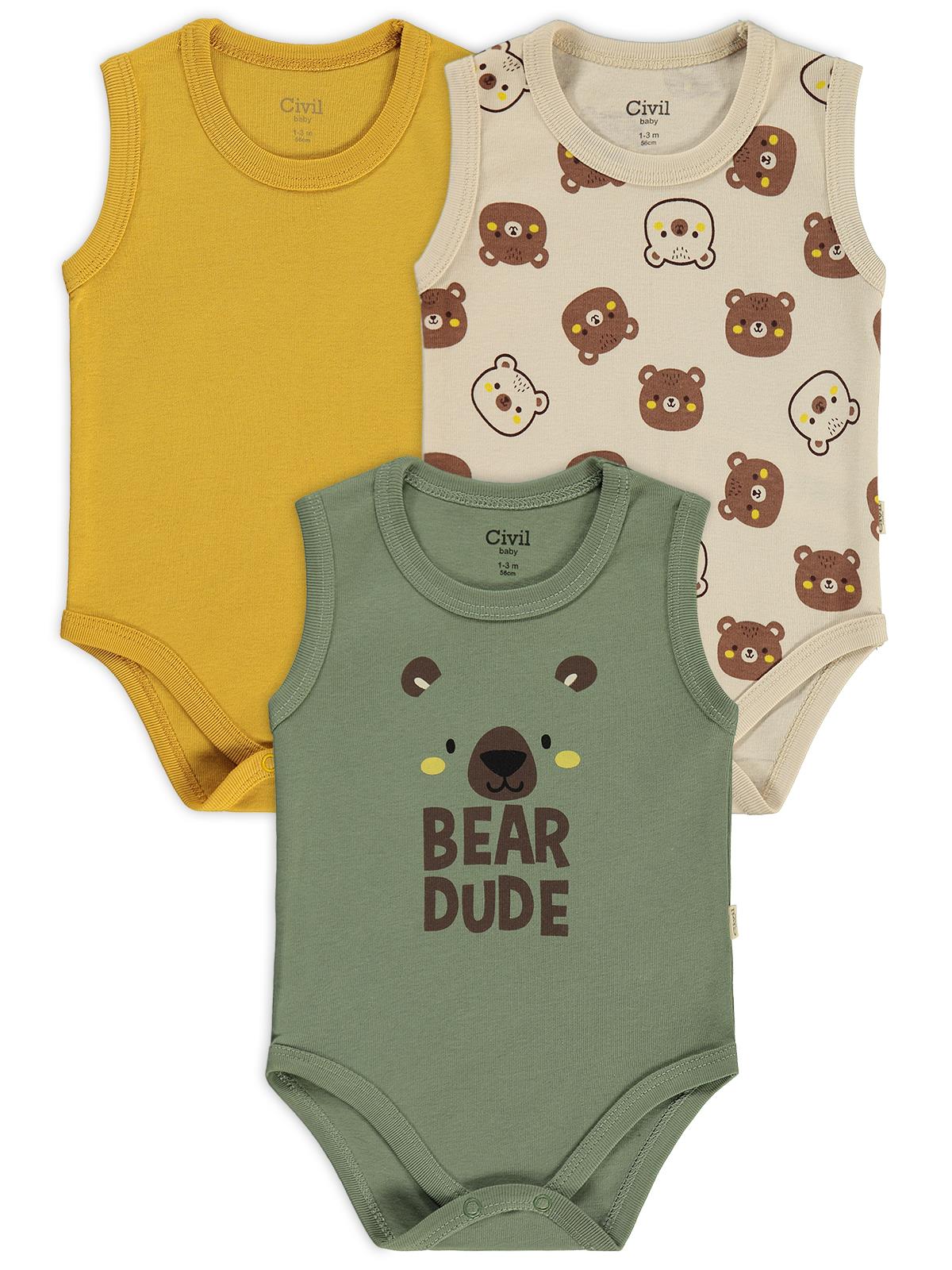 Civil Baby 3 lü Ayıcık Empirmeli Sıfır Kol 0-36 Ay Çıtçıtlı Badi - Bej