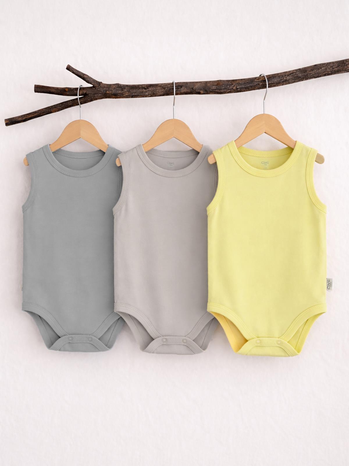 Civil Baby 3 lü Basıc Sıfır Kol 0-36 Ay Çıtçıtlı Badi - Bej