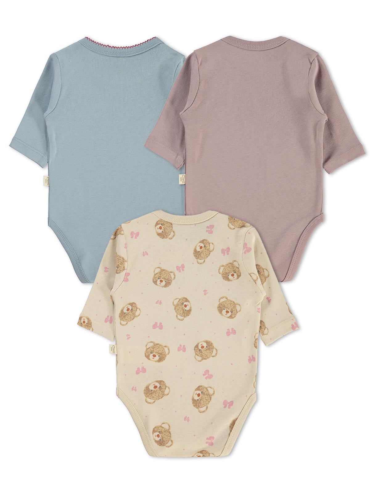 Civil Baby 3 lü Ayıcık Empirmeli Uzun Kol 0-36 Ay Çıtçıtlı Badi - Bej