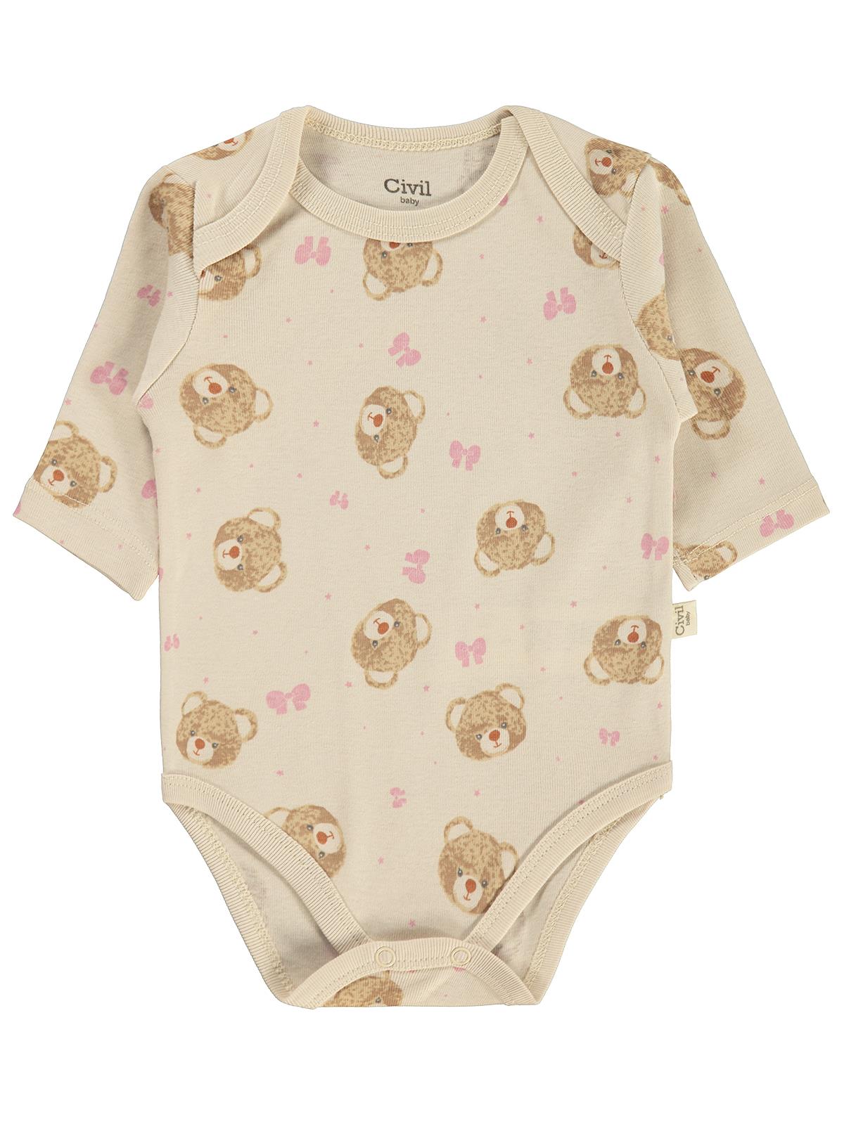 Civil Baby 3 lü Ayıcık Empirmeli Uzun Kol 0-36 Ay Çıtçıtlı Badi - Bej