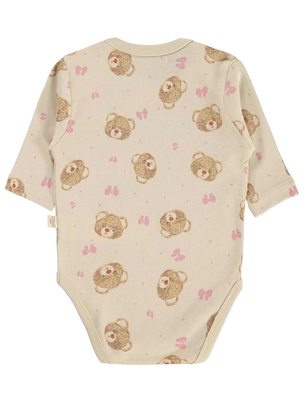 Civil Baby 3 lü Ayıcık Empirmeli Uzun Kol 0-36 Ay Çıtçıtlı Badi - Bej
