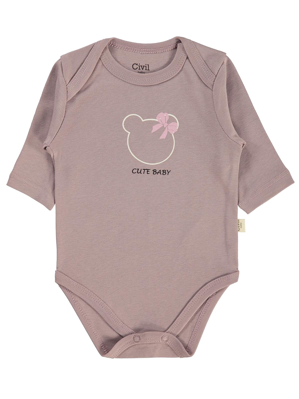 Civil Baby 3 lü Ayıcık Empirmeli Uzun Kol 0-36 Ay Çıtçıtlı Badi - Bej
