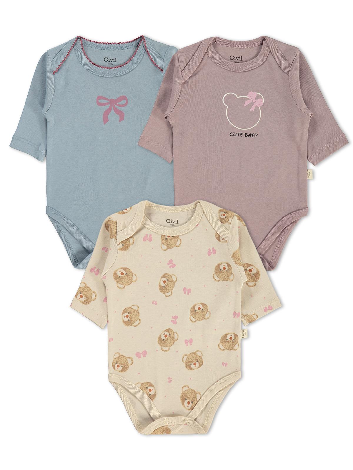 Civil Baby 3 lü Ayıcık Empirmeli Uzun Kol 0-36 Ay Çıtçıtlı Badi - Bej