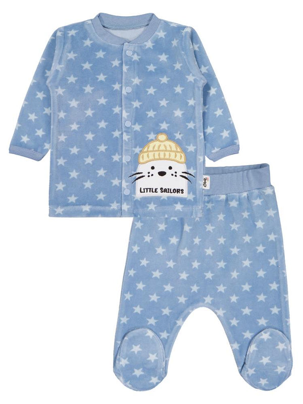Civil Baby Yıldız Empirme ve Fok Nakışlı 1-9 Ay Pijama Takımı - Mavi