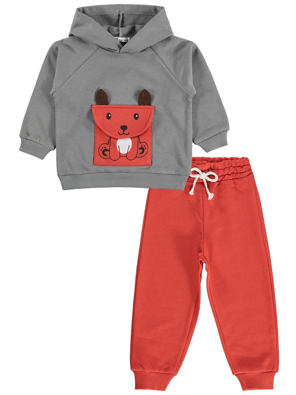 Civil Boys Cep Tilki Baskılı  Kapşonlu 2-5 Yaş Eşofman Takımı - Gri