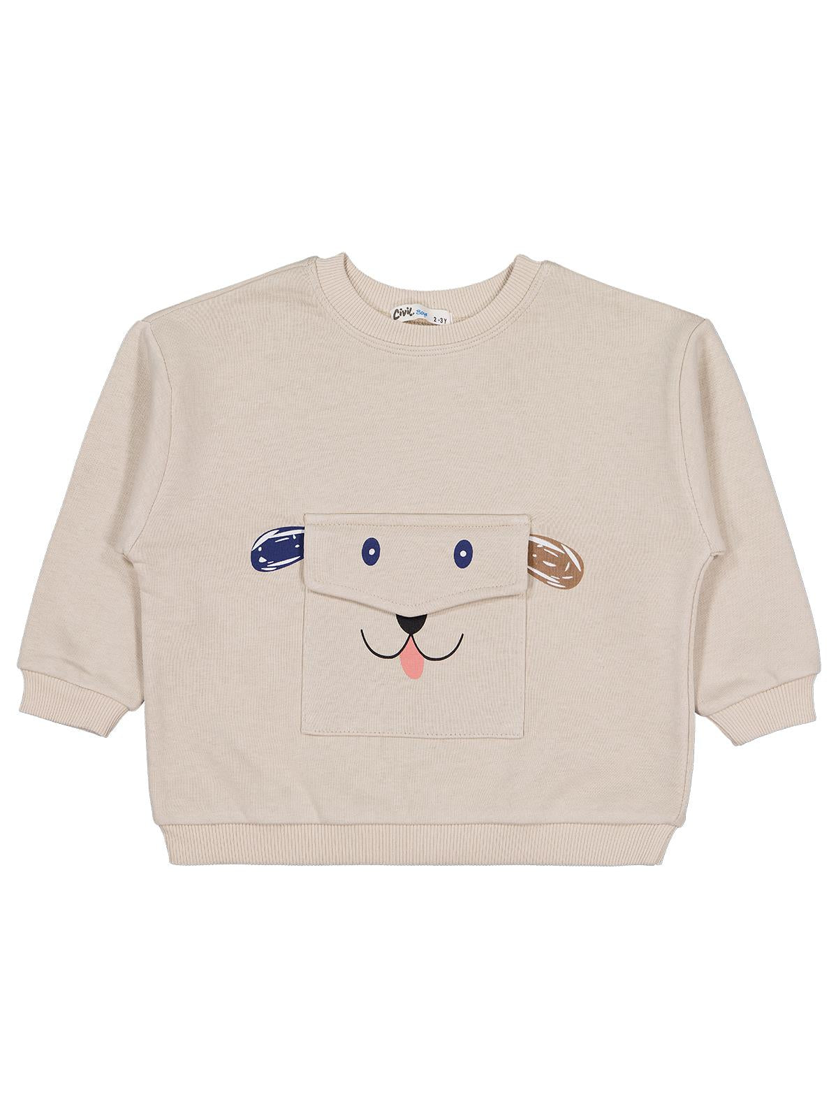 Civil Boys Cep Köpek Nakışlı  2-5 Yaş Sweatshirt - Bej