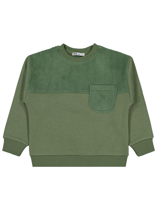 Civil Erkek Çocuk Peluş Garnili Sweatshirt | 3 İp Uzun Kol | Okul Kreş ve Günlük Kullanım - Haki