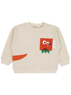 Civil Erkek Çocuk Cebi Surat Nakışlı Sweatshirt | 3 İp Uzun Kol | Okul Kreş ve Günlük Kullanım - Bej
