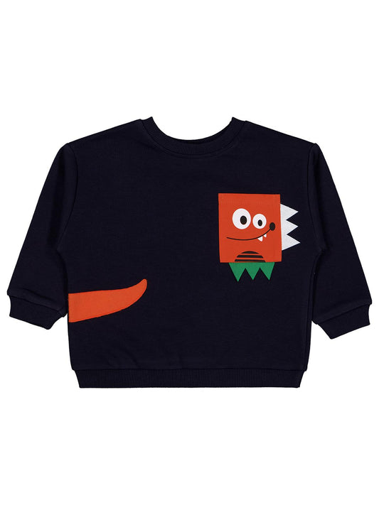 Civil Erkek Çocuk Cebi Surat Nakışlı Sweatshirt | 3 İp Uzun Kol | Okul Kreş ve Günlük Kullanım - Lacivert