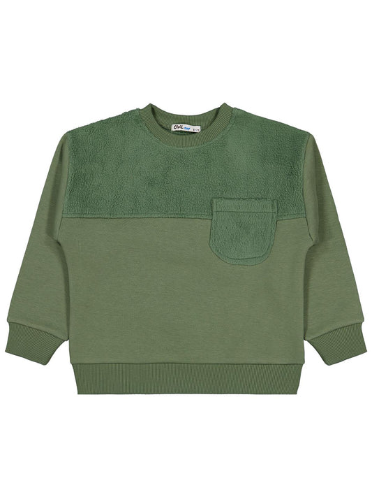 Civil Erkek Çocuk Peluş Garnili Sweatshirt | 3 İp Uzun Kol | Okul Kreş ve Günlük Kullanım - Haki