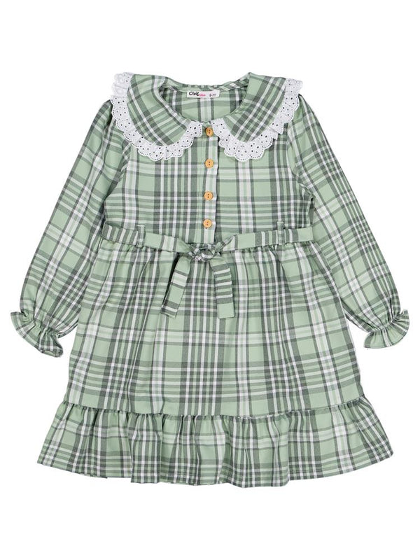 Civil Girls Ekose Desenli 6-9 Yaş Elbise - Yeşil