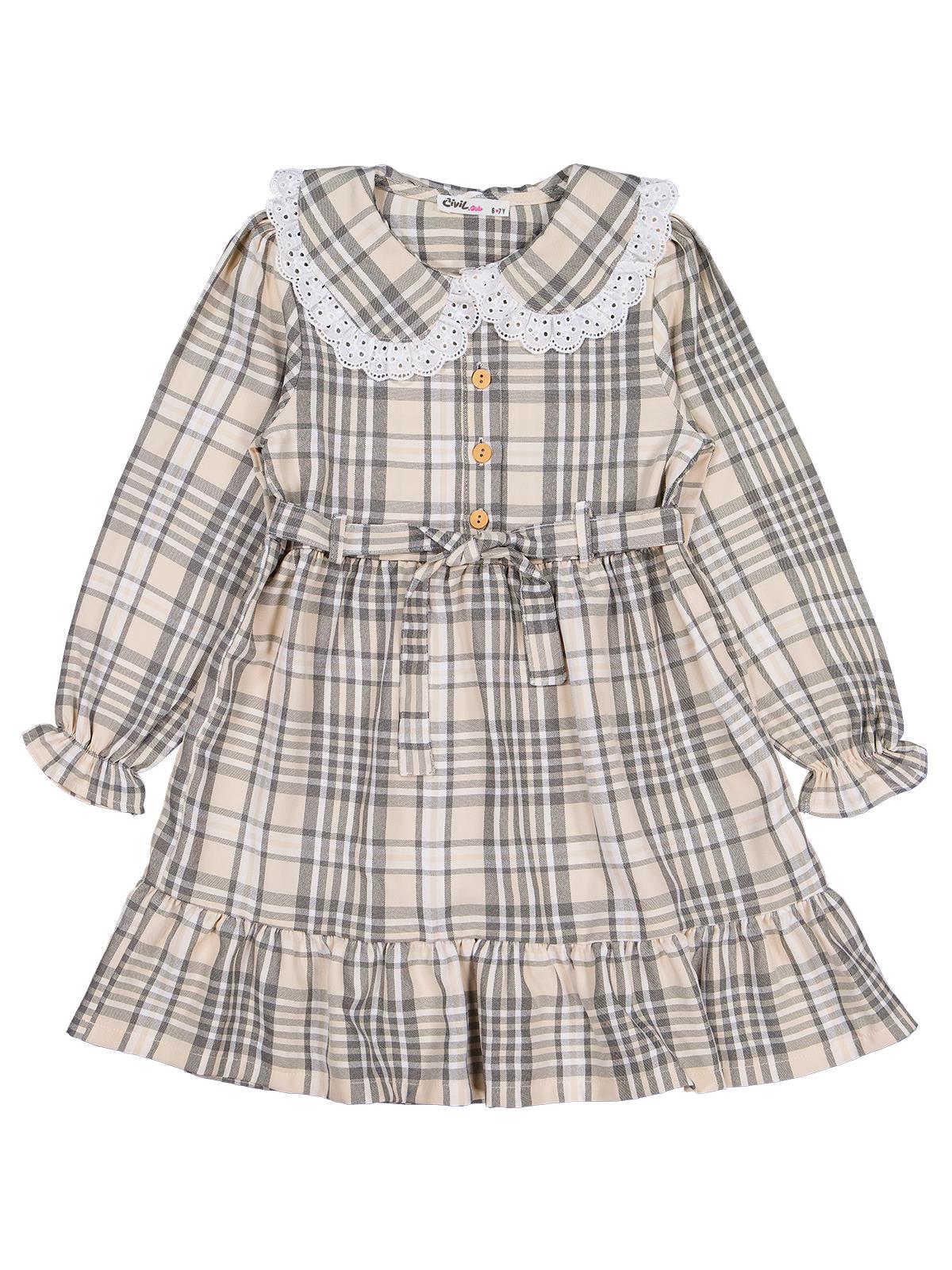 Civil Girls Ekose Desenli 6-9 Yaş Elbise - Bej