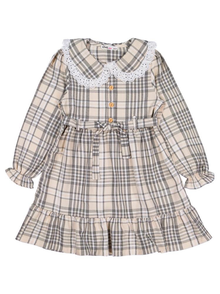 Civil Girls Ekose Desenli 6-9 Yaş Elbise - Bej