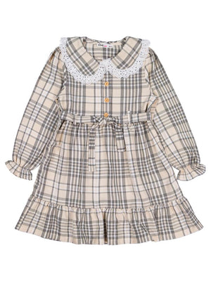 Civil Girls Ekose Desenli 6-9 Yaş Elbise - Bej