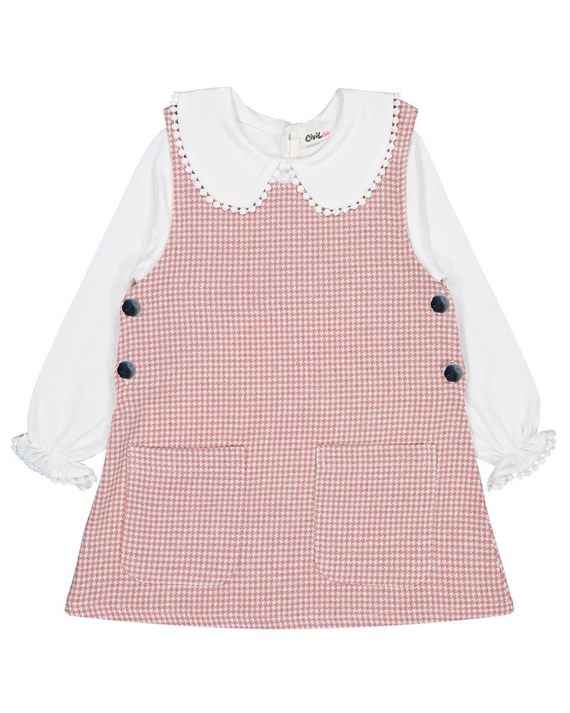 Civil Girls Yakası Pomponlu 2-5 Yaş Elbise - Pembe