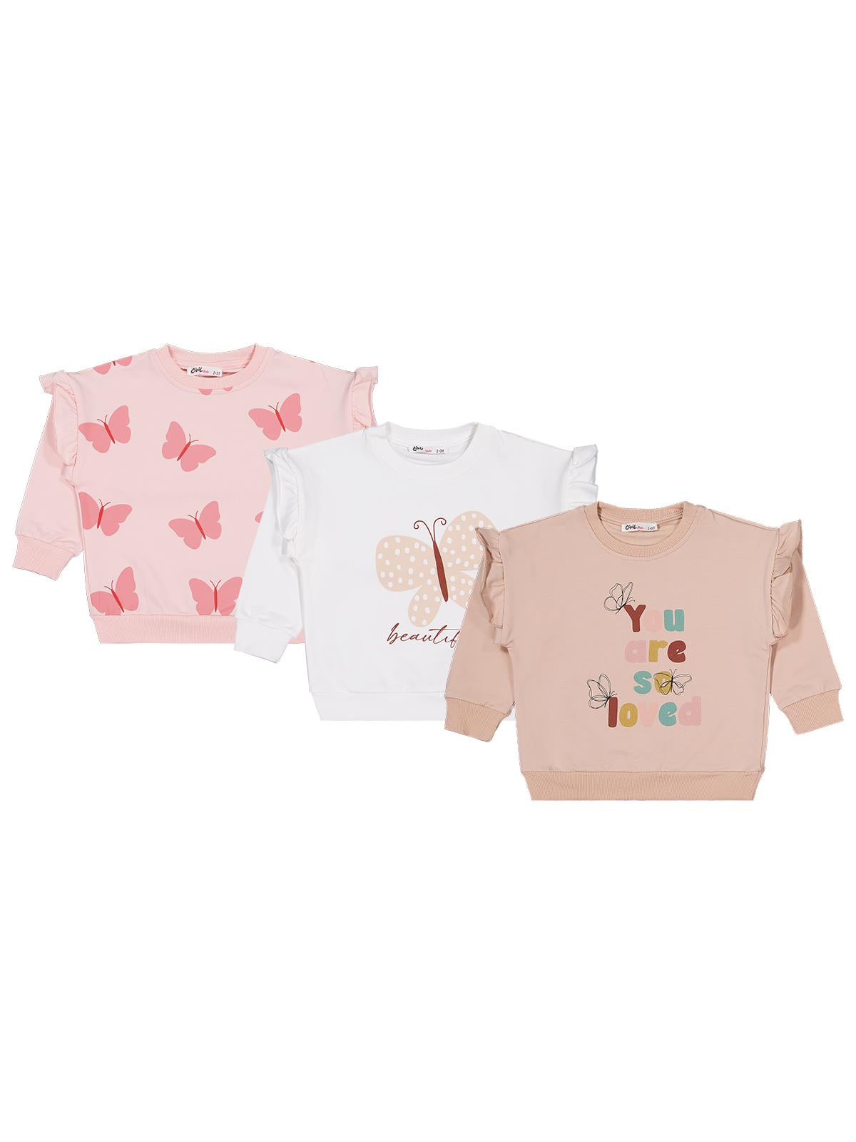 Civil Kız Çocuk Kelebek Baskılı 3'lü Set Sweatshirt | 2 İp Uzun Kol | Okul Kreş ve Günlük Kullanım