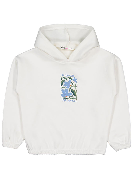 Civil Kız Çocuk Flower Baskılı Sweatshirt | 3 İp Uzun Kol Kapşonlu | Okul Kreş ve Günlük Kullanım - Ekru